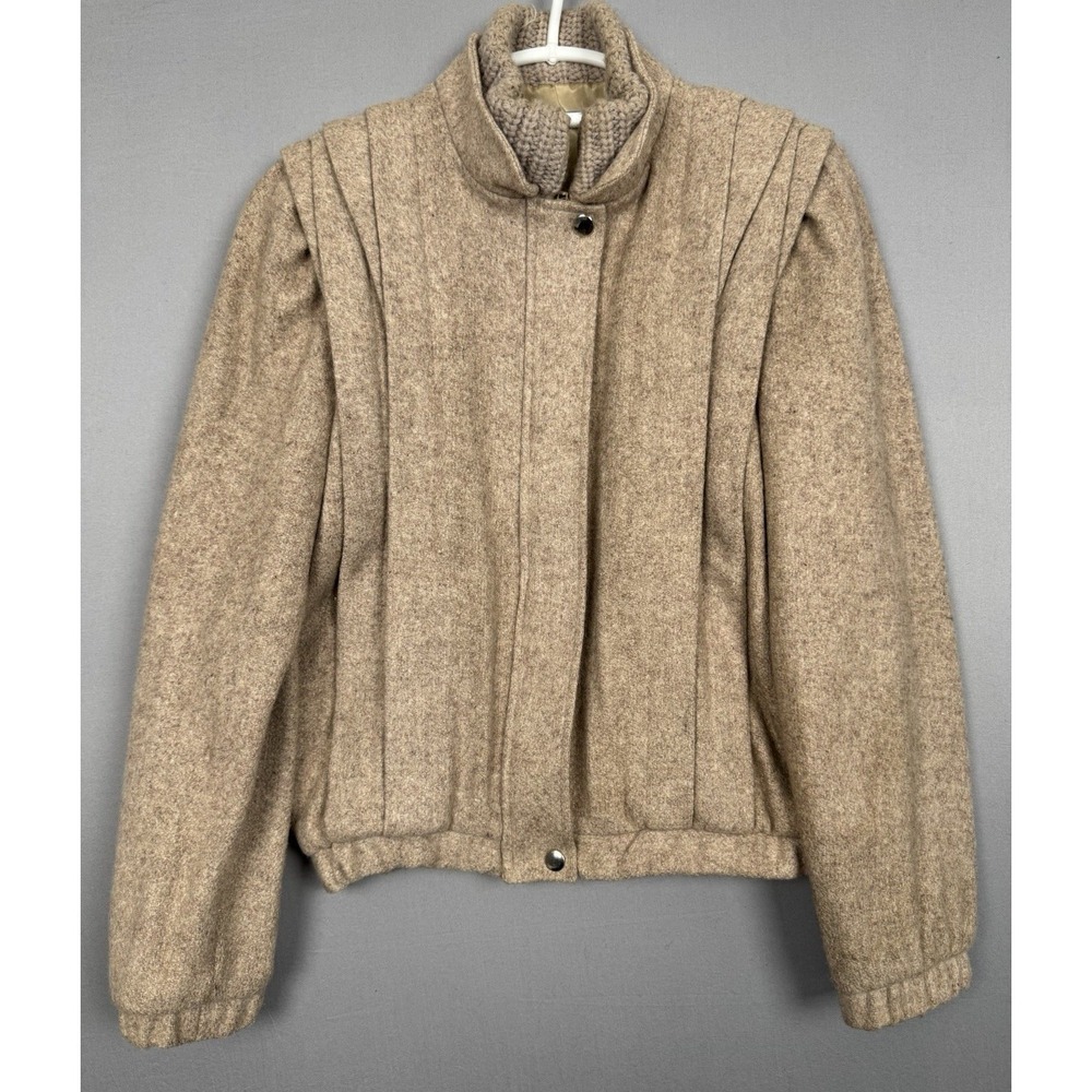 Vintage 70s Beige Nylon & Wool Puffy Jacket Womens 18 Medium Full Zip Pleated